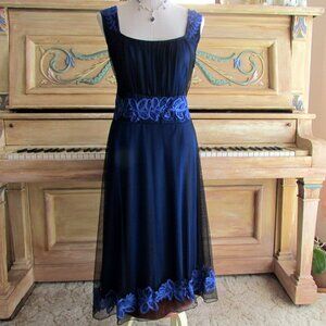 BLUE EVENING DRESS, L, SHEER BLACKOVERLAY, MIDI-MAXI w BLUE DESIGNS NWT PAPILLON